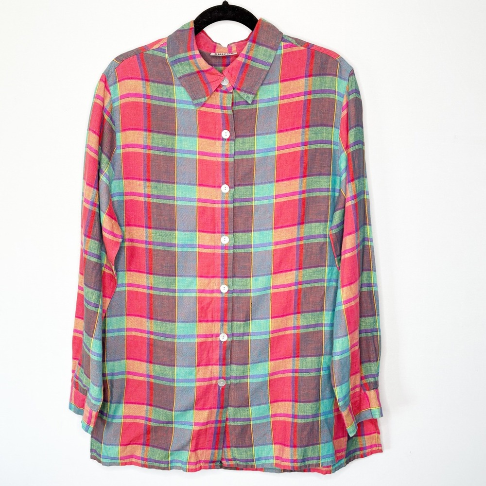 Vintage Chicos Design Linen Plaid Button‎ Down Shirt Multicolor Size 1 Medium